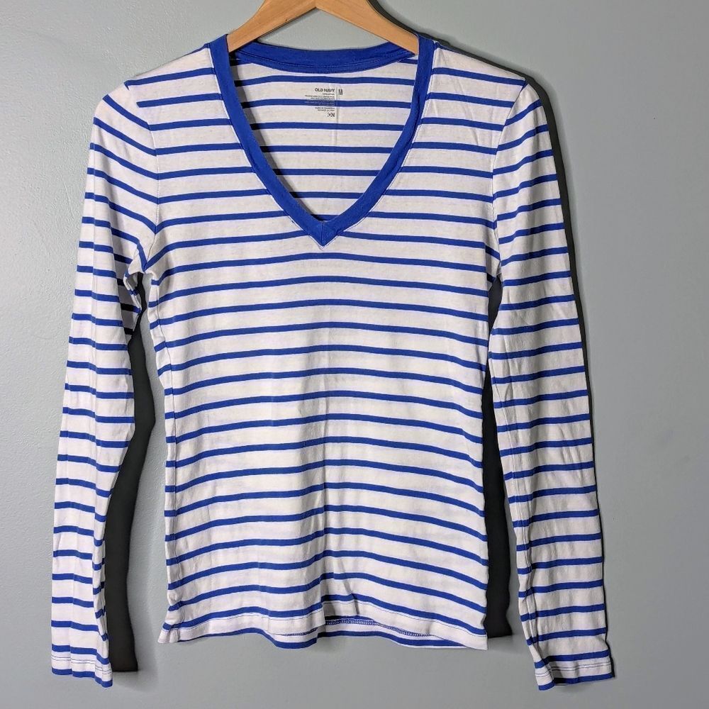 Old Navy Cotton Royal Blue Stripe Long Sleeve V-neck Fitted T-shirt Size M